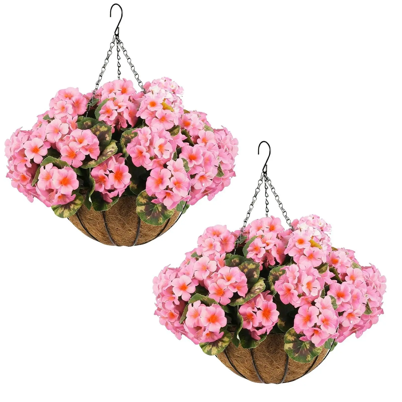 2 Set Artificial Outdoor Geraniums Flowers with White Basket, 2 Hanging Planters with 12 Pcs Red Geranium Flowers for Christmas Front Porch Garden Patio Home Decor (2, Pink)