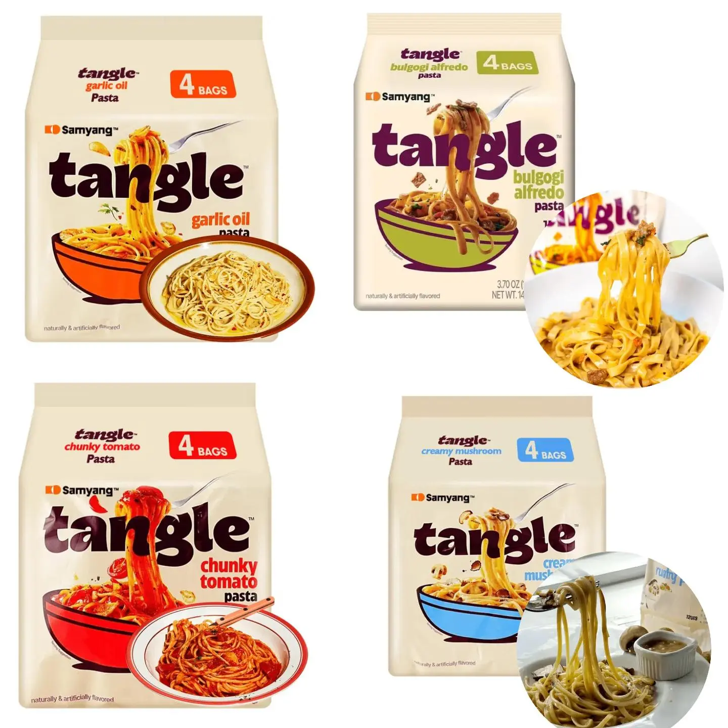 SAMYANG TANGLE Creamy Mushroom Pasta - 4 Pack (420g) | Low-Calorie, High-Protein, Non-Fried | Best-Selling Korean Snack