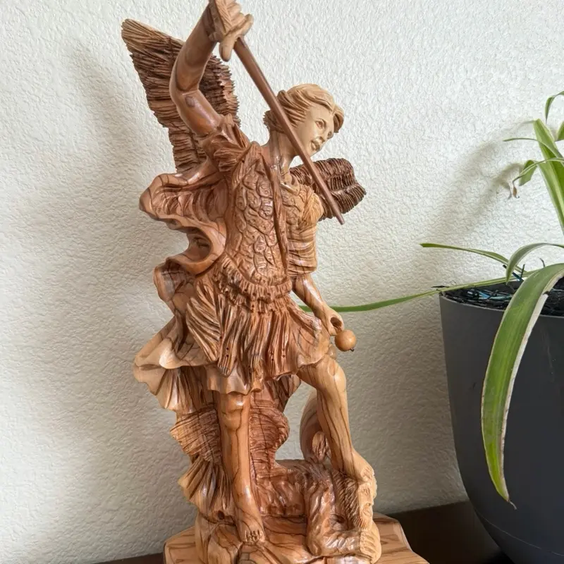 Bethlehem Handicrafts Hand Carved Wooden Statue of Saint Michael - Detailed Artisan Crafted Religious Figurine