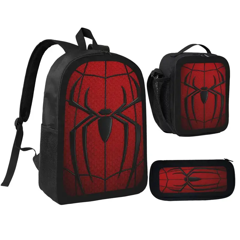 3PCS Spider Graphic Backpack Set with Lunch Bag & Pencil Case, Red Black Web Pattern Design Casual Bag