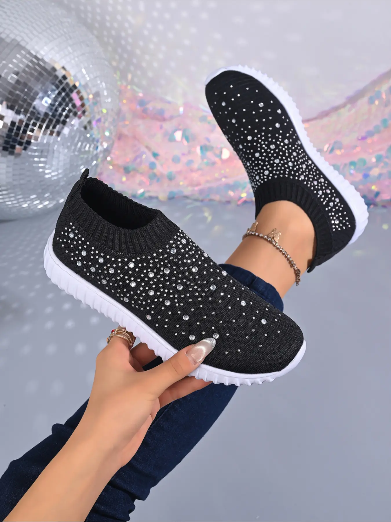 2026 Summer New Rhinestone Flyknit Mesh Sports Shoes for Women, Slip-On Breathable Lazy Person Shoes, Soft Sole Casual Shoes, Sneaker, Walking Shoes, Knit Mesh Sneakers, Trendy Walking Sneaker, Fashion Sneaker, Fashionable Casual Sneakers