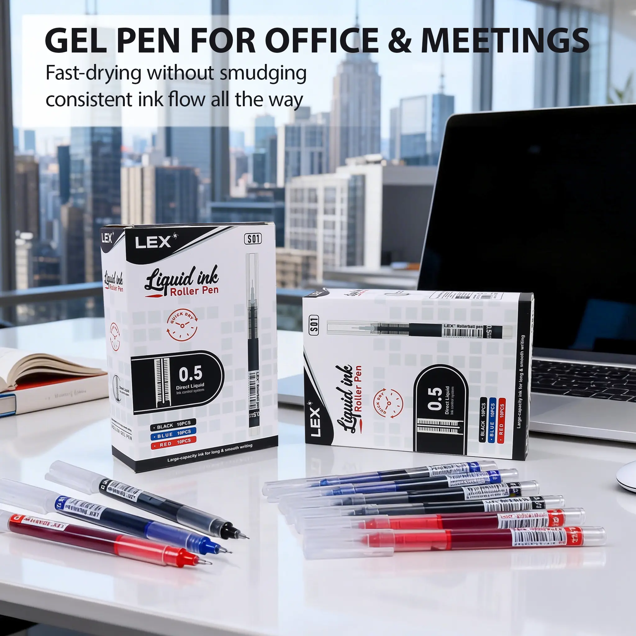 30-Pack 0.5mm Direct Liquid Quick-Dry Ballpoint Pens, Black/Blue/Red Ink, for Students, School & Office Writing Tasks, Office Stationery School Supplies Shopping Essentials