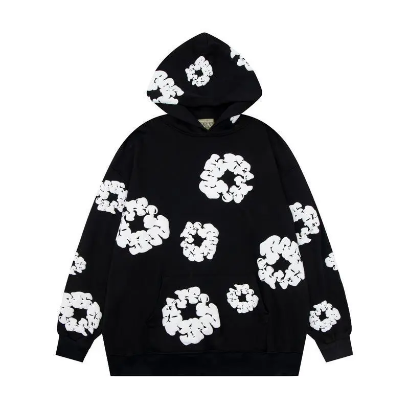 New(New)Men's Flower Puff Print Hoodie - Oversized Sweatshirt Jacket, Unisex Design, Unisex Long Sleeve, Round Neck, Casual Human Operator - Tops, Menswear streetwear Pullover Black hoodies men Classic Black Hooded Sweatshirt Motocross
