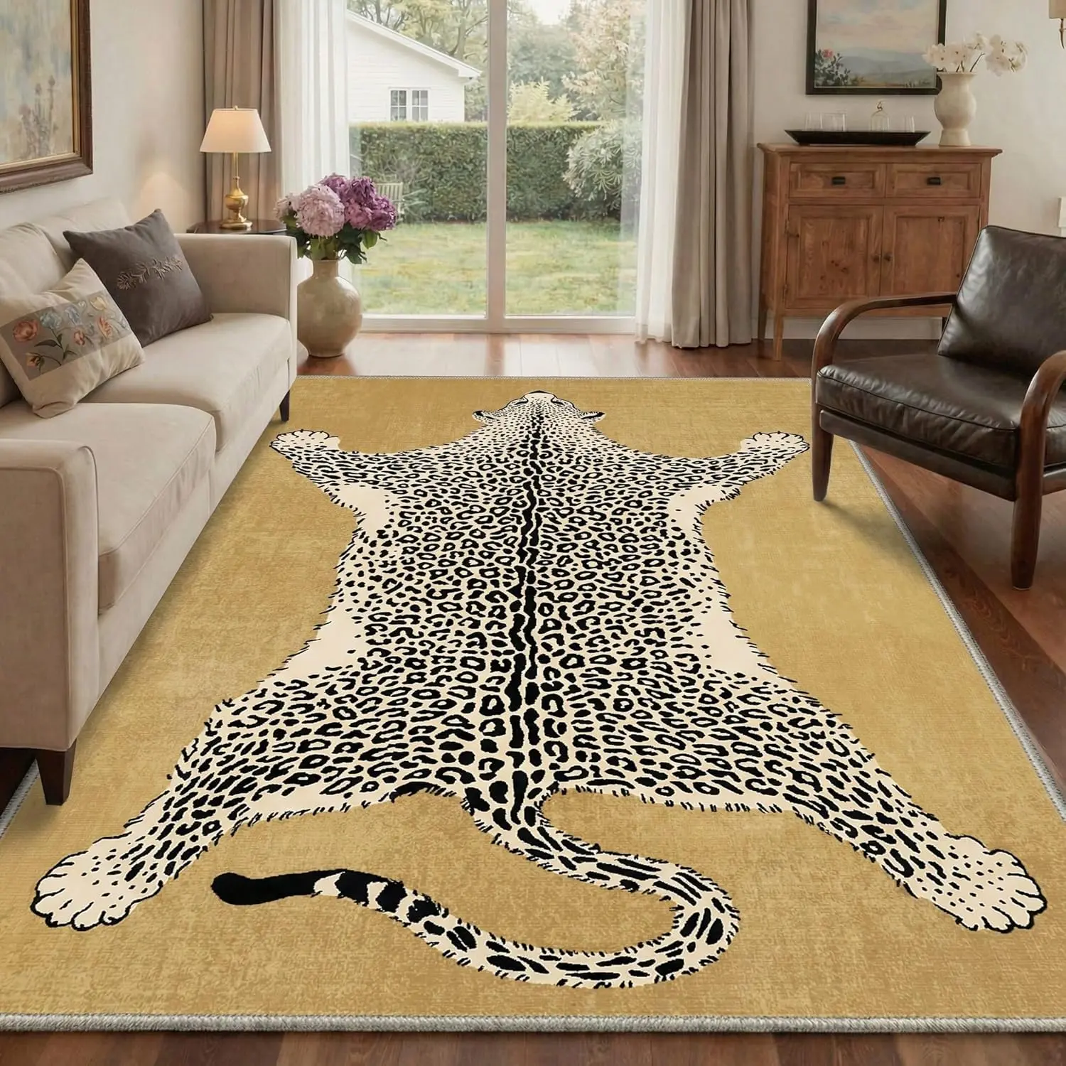 【Back To School】GENIMO Leopard Area Rug, Animal Jungle Machine Washable Living Room Rug, Non Slip Mustard Yellow Cheetah Rugs for Bedroom, Low Pile Soft Stain Resistant Floral Rugs for Office Dining Room