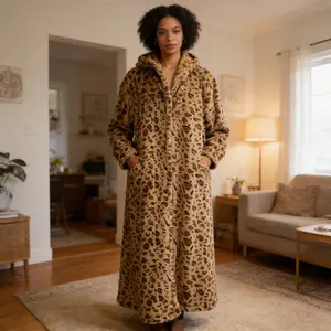 Women's Leopard Print Plush Pajama Robe, Soft Fleece Loungewear with Tie Waist, Long Sleeve Open Front Home Bathrobe, Cozy Animal Print Sleepwear for Women