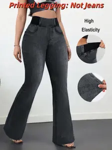 Women's Printed Skinny Jeans, Casual Fake Denim Style, Elastic Stretchy Material, All-Season Wear, Versatile Design, Leggings