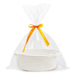 Small Woven Burr Basket with Gift Bags and Ribbons Durable Baskets for Christmas Gifts Empty Small Rope Basket for Storage 12"X 8" X 5" Baby Toy Baskets with Handles, White
