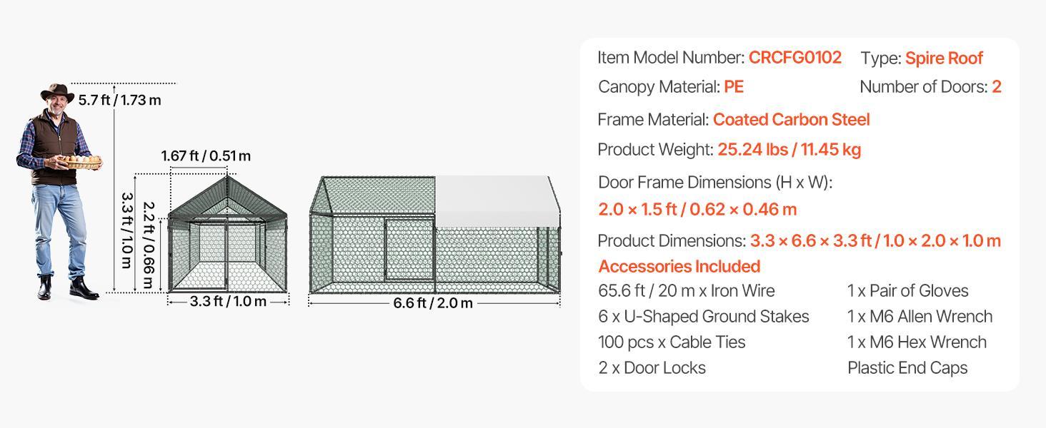 VEVOR Metal Chicken Coop for 4-6 Chickens, 3.3 x 6.6 x 3.3 ft, Small Chicken Cage with Waterproof Cover & Double Doors, Spire Roof Poultry Run Compatible with Wooden Coops, for Rabbit Hen Goose Duck