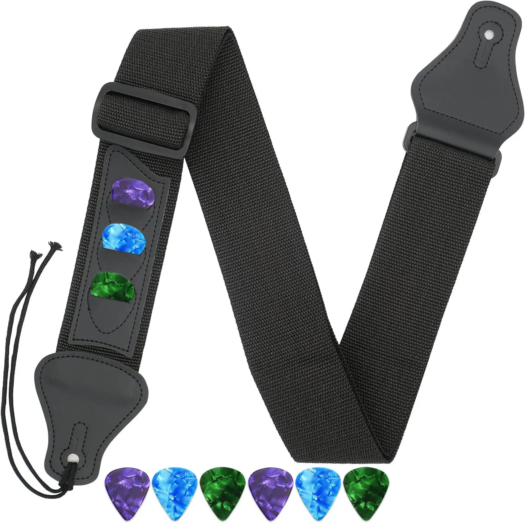 Guitar Accessory Kit - Black Pick Strap with 3 Pockets, 6 Picks, Easy Attachment, Compatible with Electric, Acoustic Instruments, Guitar Pick Straps