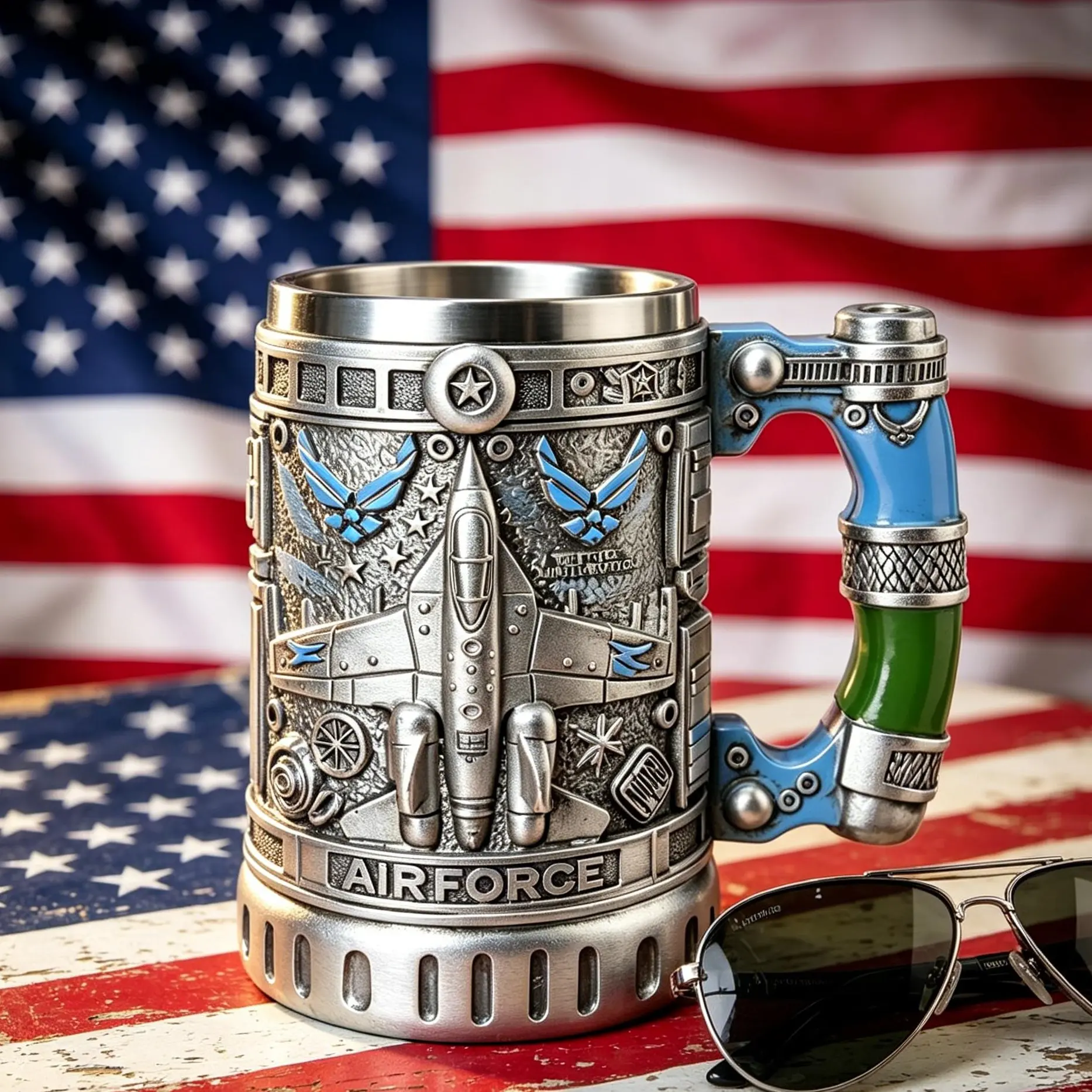 TacticalMugHub U.S. Air Force 3D Tactical Coffee Cup, Fighter Jet Embossed Stainless Steel Tankard, Reusable Washable Collectible Gift for Airmen Veterans