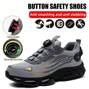 Men's Lace Up Low Top Anti Piercing & Anti Smashing Safety Shoes with Rotating Button Breathable Contrast Mesh Anti-Slip Sole for Outdoor Work