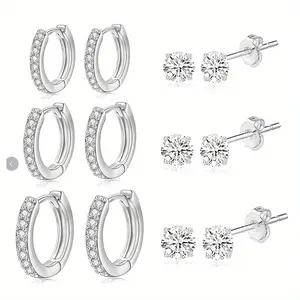6 Pairs Silver S925 Earring Set – Multi-Size Round CZ Studs & Paved Tiny Huggie Hoop Earrings, Hypoallergenic Nickel-Free Stackable Jewelry for Cartilage Daily Party Vacation & Gift