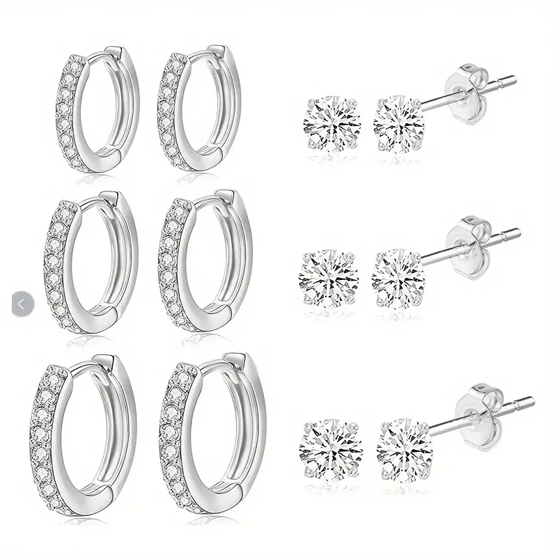6 Pairs  Earring Set – Multi-Size Round CZ Studs & Paved Tiny Huggie Hoop Earrings, Hypoallergenic Nickel-Free Stackable Jewelry for Cartilage Daily Party Vacation & Gift