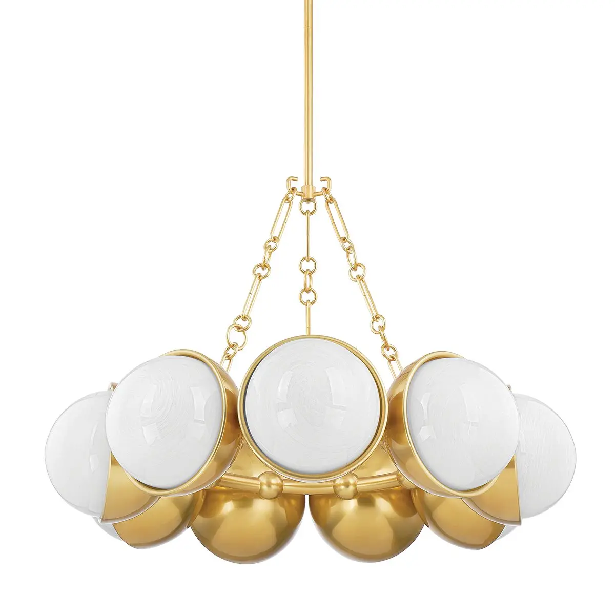 Althea Chandelier with Cloud Glass Globes and Vintage Polished Brass Caps