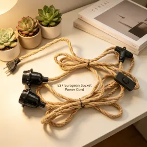 E27 Screw Base Lamp Holder, Hemp Rope Lamp Wire, 2 Sockets, Eu Plug with Switch, Vintage DIY Pendant Light Power Cord, No Bulb Included
