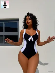 Aura Swim Women's 2-Piece "Old Money" Contrast Bikini Set - Buttery Soft Double Lined Tops, True-to-Size US Sizes, Sexy Black-White High-Leg, Sophisticated Trim, Supportive Halter, Cheeky Bottoms, Pool Ready