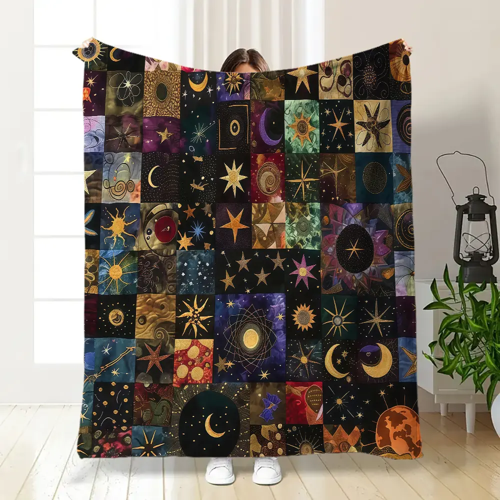Celestial Patchwork Flannel Throw Blanket - Astrology Theme, Cosmic Motifs Sun-Moon-Star Print, Breathable Soft Texture for Astrology Lovers, Bedroom Decor Gift