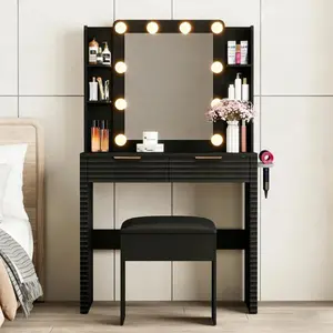 Makeup Vanity Desk with 10 Hollywood Bulbs, Fluted Dressing Table with Charging Station, 2 Drawers and 4 Open Shelves, Hairdryer Holder, Padded Stool with Storage, Black