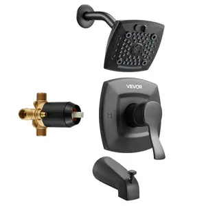 VEVOR Single-Handle Tub and Shower Faucet Trim Kit with 5.1-Inch Rainfall Shower Head, Bathtub Spout, 5-Setting Adjustable Spray, Brass Pressure Balance Valve with Temperature Control and Brass Parts, Matte Black