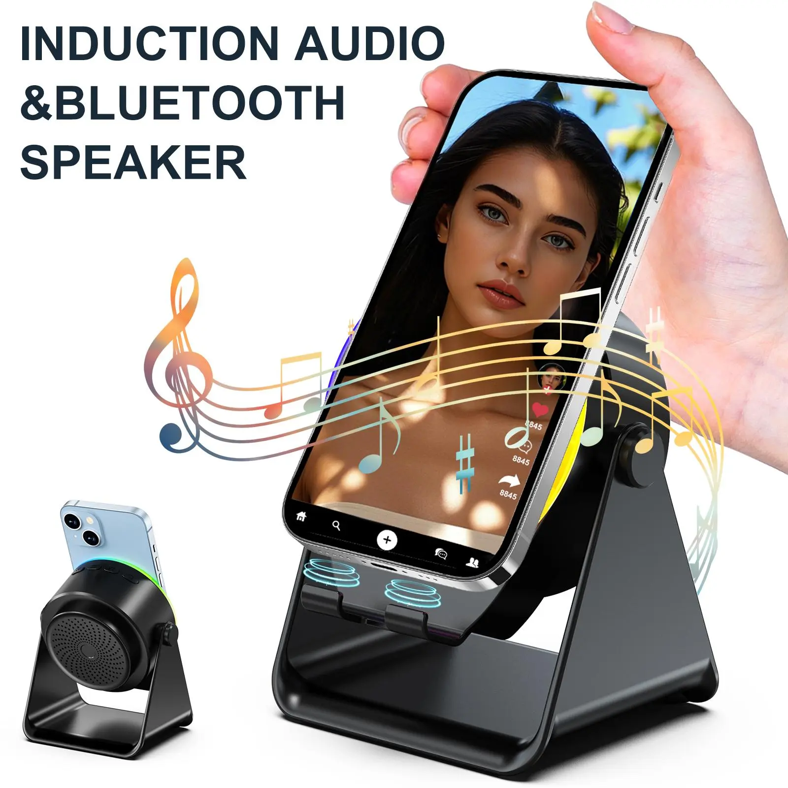 Lentorgi Wireless Induction Speaker 5-in-1 Bluetooth Audio, Phone Stand Ambient Light, Surround Sound 360° Rotation Rechargeable Hands-Free Calls For Bedroom, Office, Kitchen, Camping, Yoga, Cooking Gifts for Men, Women, Elderly SummerWins