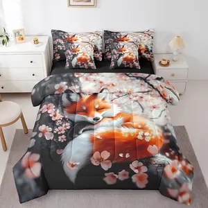 Feelyou 7-Piece Japanese Cherry Blossoms Bedding Set - Cute Cartoon Fox Comforter Set with Sheets, Woodland-Themed Bed-in-a-Bag