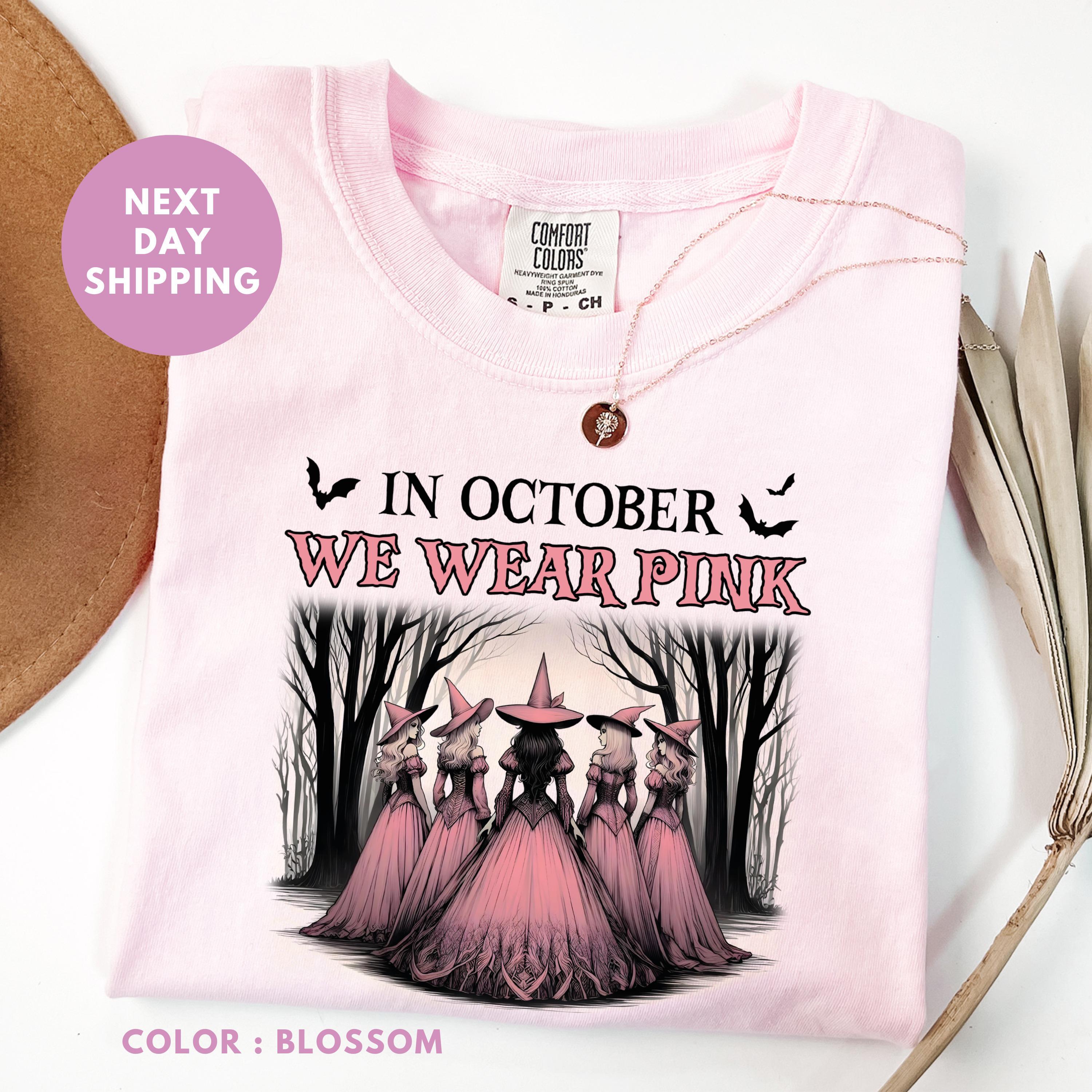 Comfort Colors In October We Wear Pink Shirt, Breast Cancer Awareness Tee, Halloween Ghost T-Shirt, Witch Shirt, Cancer Pink Ribbon Shirt, October Awareness Gift Print Tee, DAILYWEAR STUDIO LLC