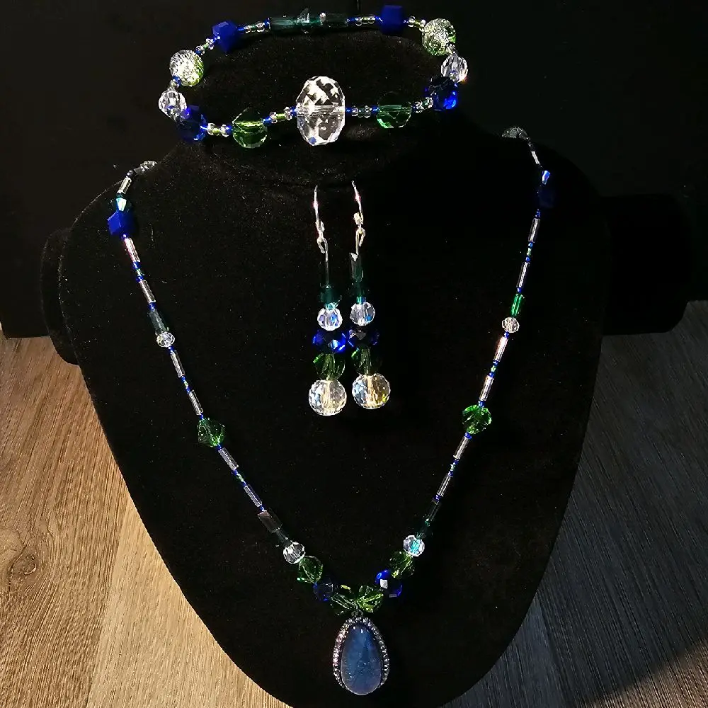 Gabriela Haller HigherKii Artique Marine Jewelry Set with Tear Drop Shaped Pendant and Beaded Necklace Set