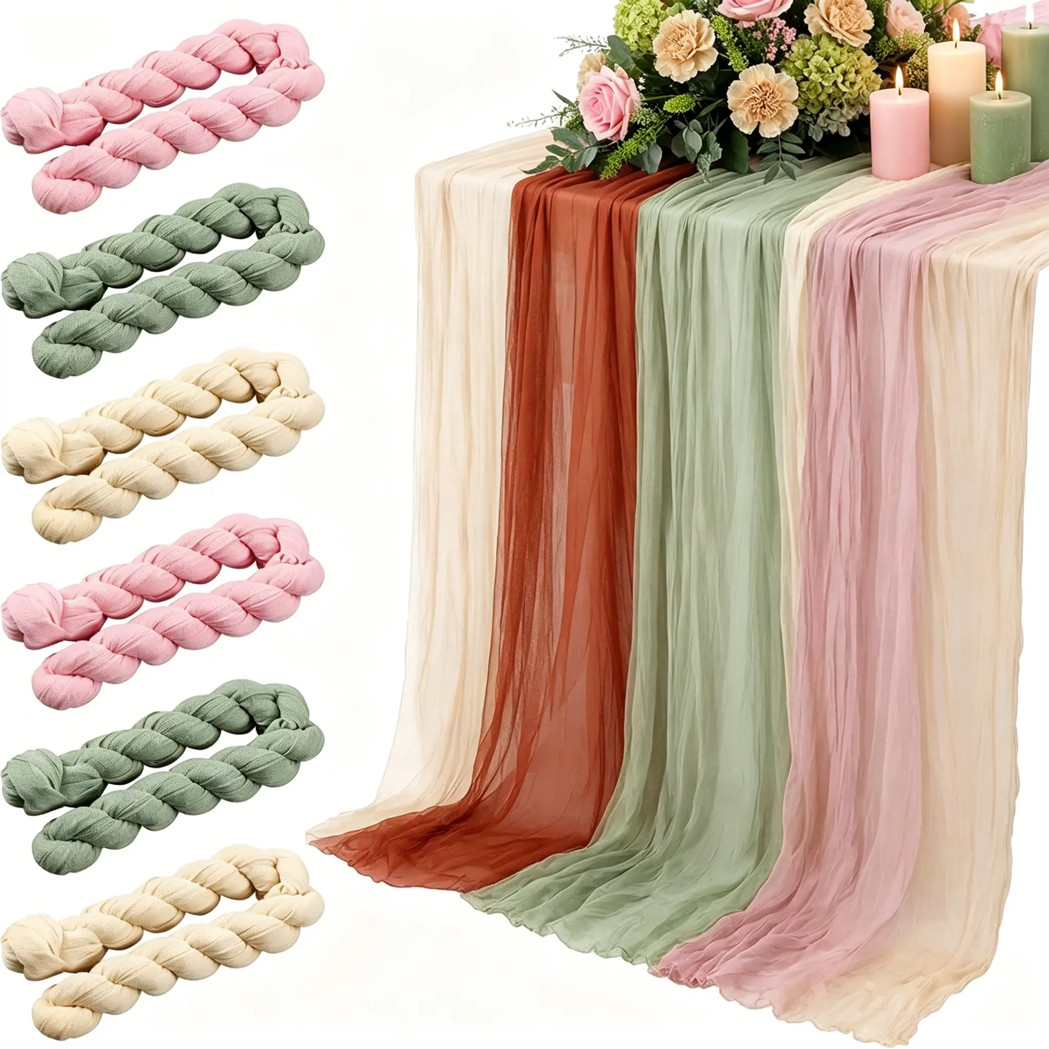 9FT Crinkle Cheesecloth Table Runner 17×108in Sheer Gauze Decor, 6 Color Options, 6Pcs Same Color Per Pack Washable Anti-Fray Boho Linen For Wedding Baby Shower Holiday Dinner Table Styling