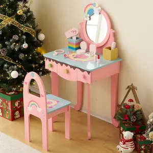 Karlhome Kids Vanity Table and Chair Set, Princess Toddler Dressing Table with 7pcs Multiple Make up Accessories 3 Drawers & Tabletop Storage, Wooden Pretend Play Vanity Set for Little Girls