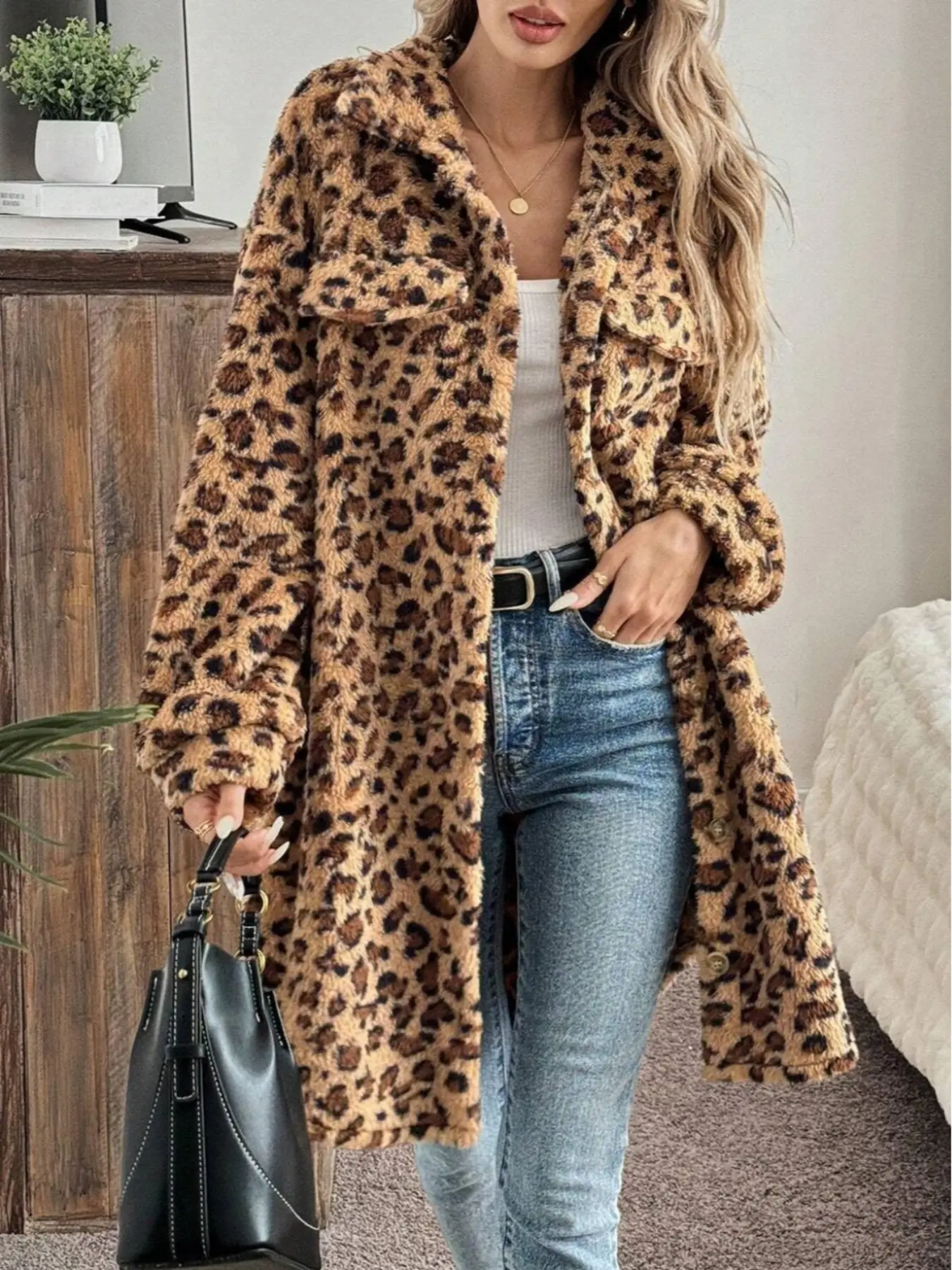 Women's Fashionable Winter Leopard Long Sleeve Long Jacket Coat, Casual Fitted Style, Warm & Cozy Design, Perfect for Autumn & Winter Seasons, Outerwear