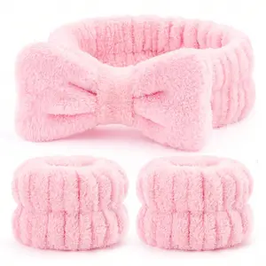 3Pcs/Set Spa Facial Headbands, 1pc Solid Color Bath Headband & 2pcs Bath Wrist Band, Creative Fluffy Polyester Facial Makeup Headband & Wrist Wash Band Set For Bathroom Soft Headband