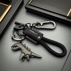 Cute Dinosaur Keychain, Leather Rope Key Ring, Aluminum Alloy, Matte Finish, Includes Bail Clip + D-Ring + 2 Small Rings, Car Keychain, Backpack Charm