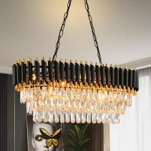 Modern Black Gold Crystal Chandelier, Dimmable Large Ceiling Crystal Chandelier for Living Room/Dining Room/Kitchen Island L31in E12