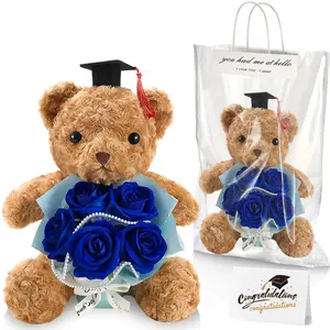 Graduation Bear Plush with Bouquet Set, 2025 Rose Flower Stuffed Bear Gift Class of 2025 Graduation Animal with Cap Artificial Box Greeting Card for Congrats Grad Gift