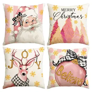 4pcs Christmas pillowcases, 18x18 inches per set of 4, Merry Christmas Tree Reindeer Trust Pillow Cover, Pink Christmas Ball Decorative Sofa Cushion Cover, Christmas Decorations (without pillow core)