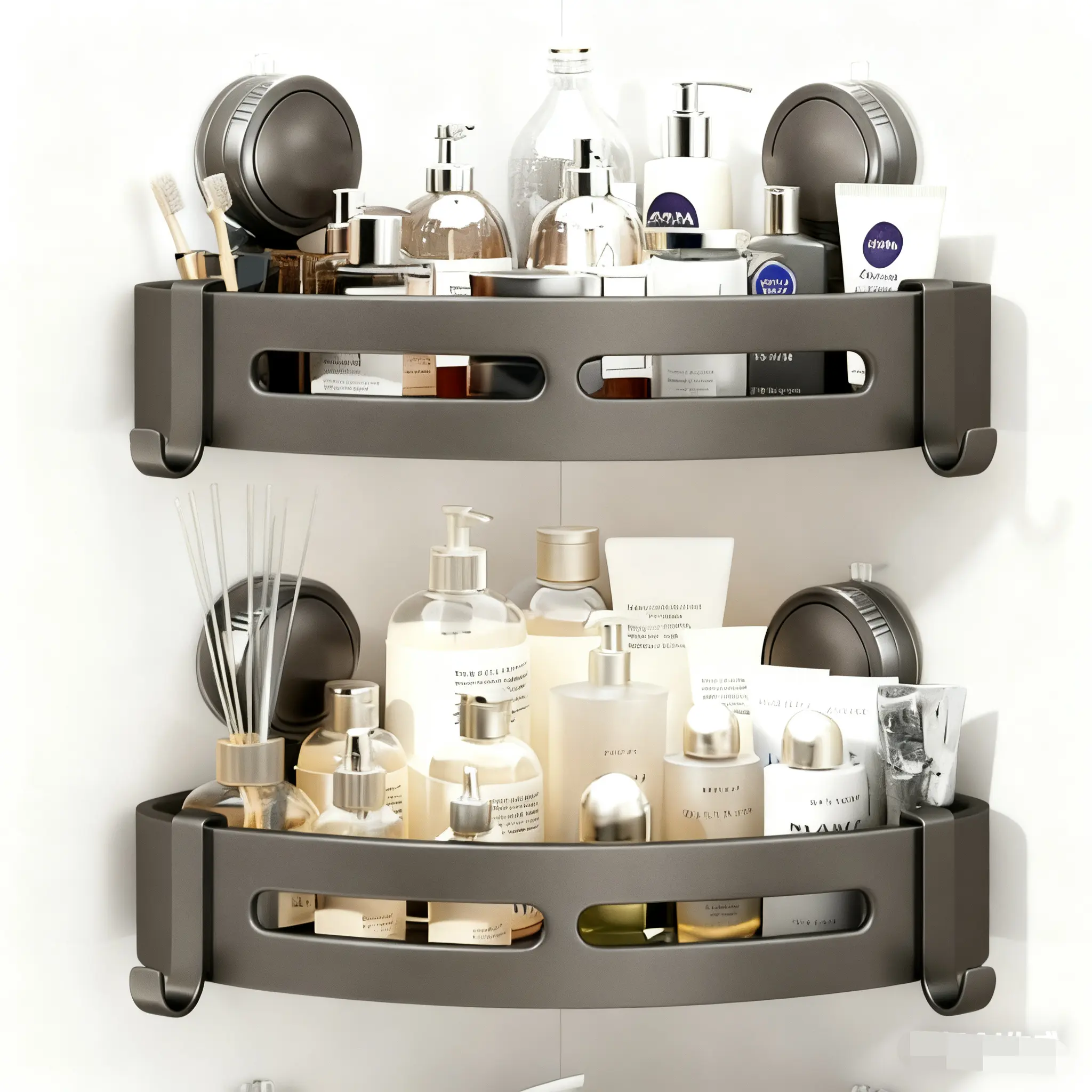 [Summerwins]2026 upgraded new model-3-Pack Gun Gray Plastic Triangle Suction Cup ShowerCaddy 3-Tier Corner Shelves NoDrilling Bathroom Storage Rack 40lbs LoadCapacity with 6 Towel Bar Hooks(home essentials,bathroom accessories)