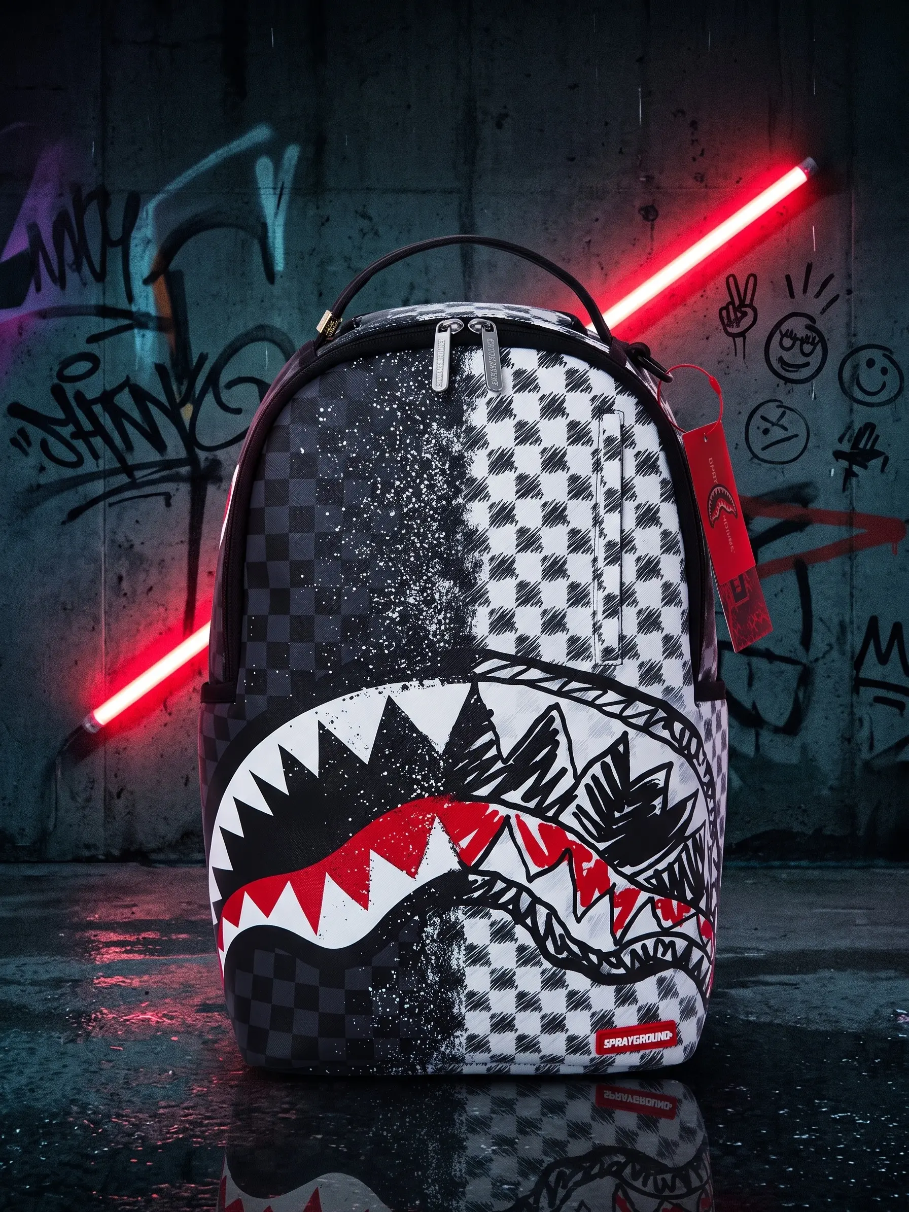Unisex Structured Split Pattern Casual Graphic Backpack - SG Split Chessboard Shark-Mouth, Black-White Splatter Graffiti Print, Streetwear Spacious Durable Urban Gym School/Travel Daypack