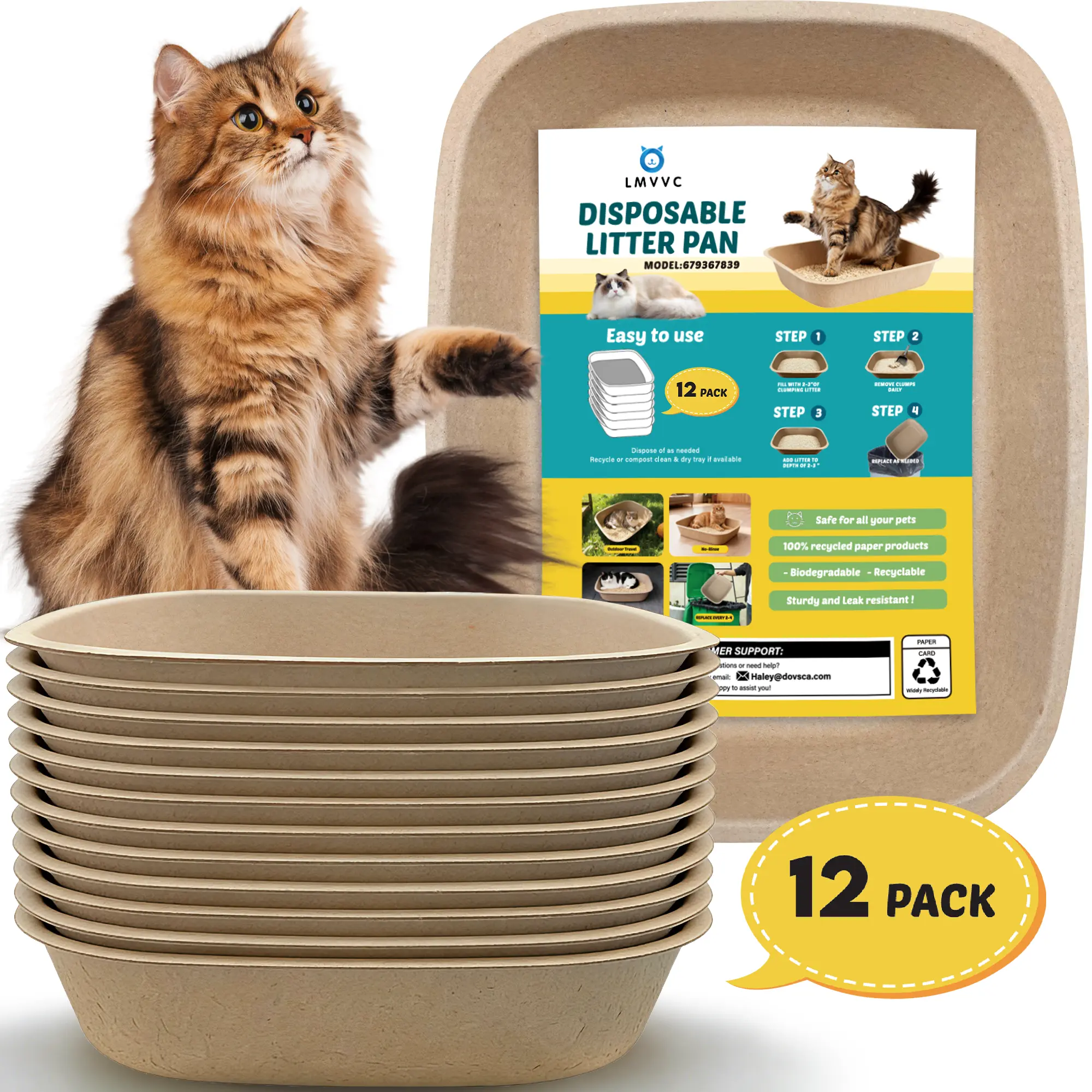 LMVVC Disposable Large Cat Litter Box Enclosure, 12-Count, Strong, Durable, Portable Litter Tray for Travel, Home Use, Odor Control
