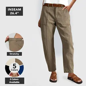 Flamingals Solid Stitch Detail Mid Waist Baby Barrel Fit Deep Pockets Pants High Stretch 26.4" Inseam Casual Women's Fashion Elevated Basic