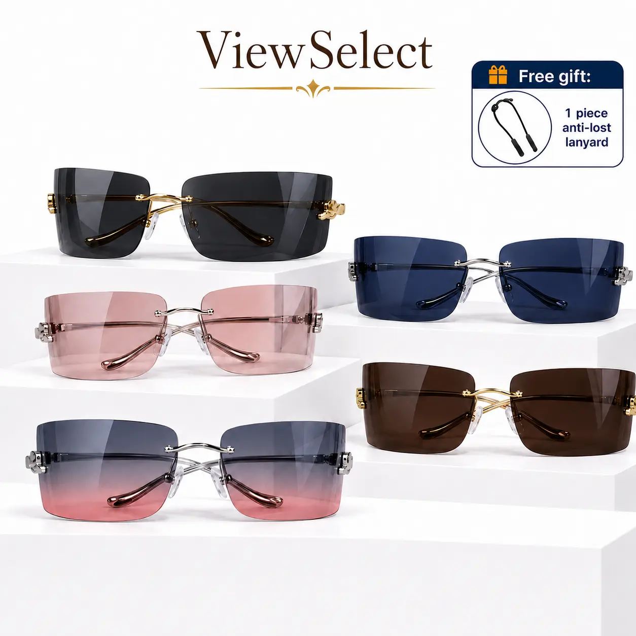 ViewSelect Rimless Rectangle Sunglasses for Women Men,  Fashion Square Tinted Shades with UV Protection, Blue Light Blocking Lens, Lightweight Frameless Glasses with Free Anti-Lost Lanyard