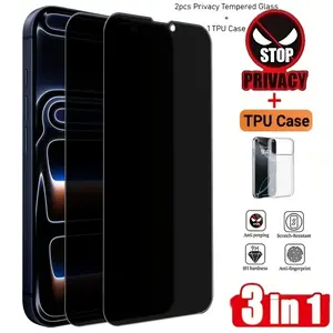 3in1[2pcs Privacy Screen Protector+1pcs Phone Case] For iPhone 17 Air/16E/17/16/15/14/13/12/11/Pro Max/Pro/Plus/Mini/X/XS/XR/XS MAX/7/8/SE,9H Hardness,Anti-Spy,Anti-Shatter & Scratch Resistant, Protective Accessories