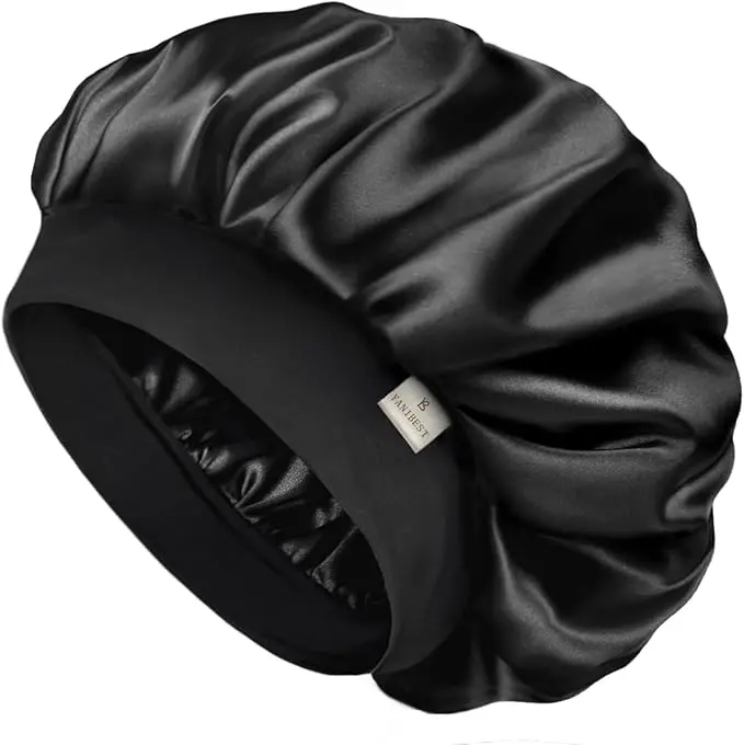 Silk Bonnet for Men, Satin Bonnet Double Layer Elastic Band Silk Sleep Cap Black Soft Adjustable Hair Cap Hair Wrap Large Bonnets for Women Sleeping