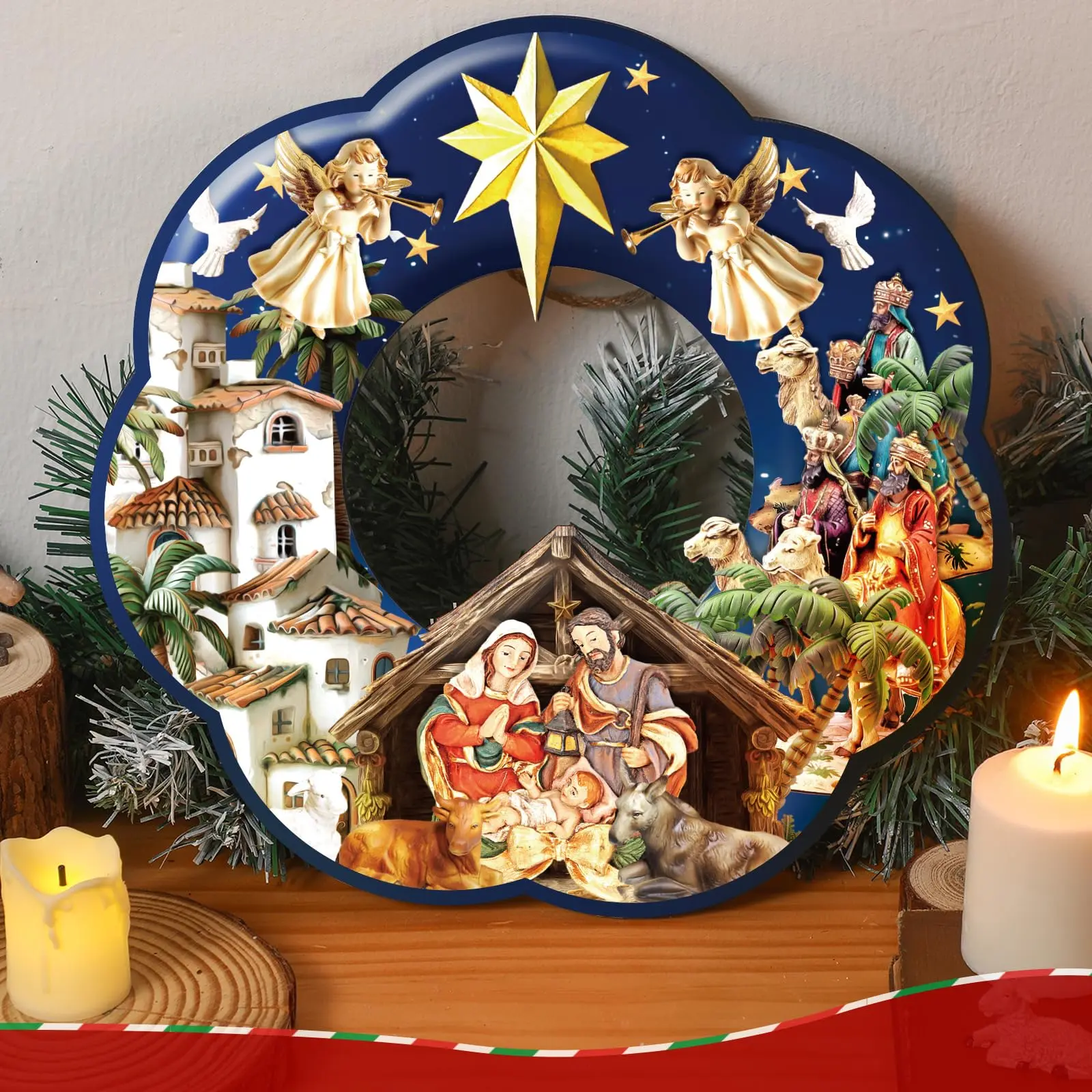 Easter Decor Nativity Scene Decor Holy Family Wooden Hanging Ornaments  Religious Wreaths Decoration for Church Home Office Wall Door Decorations Easter Party Favor