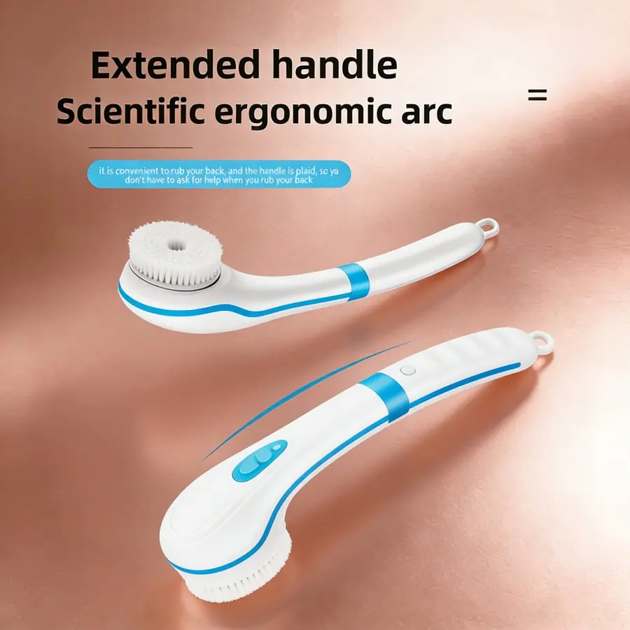 USB Rechargeable Electric Shower Body Brush - 5 Interchangeable Heads, Long Handle Soft Bristles, Handheld Cleaning Tool for Back & Full Body Bath Use