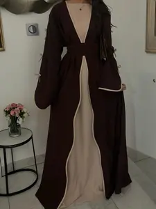Women's Contrast Binding Bow Decor Belted Abaya, Modest Casual Long Sleeve Open Front Abaya for Daily Wear, Ladies Islamic Clothing for All Seasons