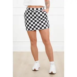 Restock! Plus/Reg Black Checkered Elastic Waist Skort