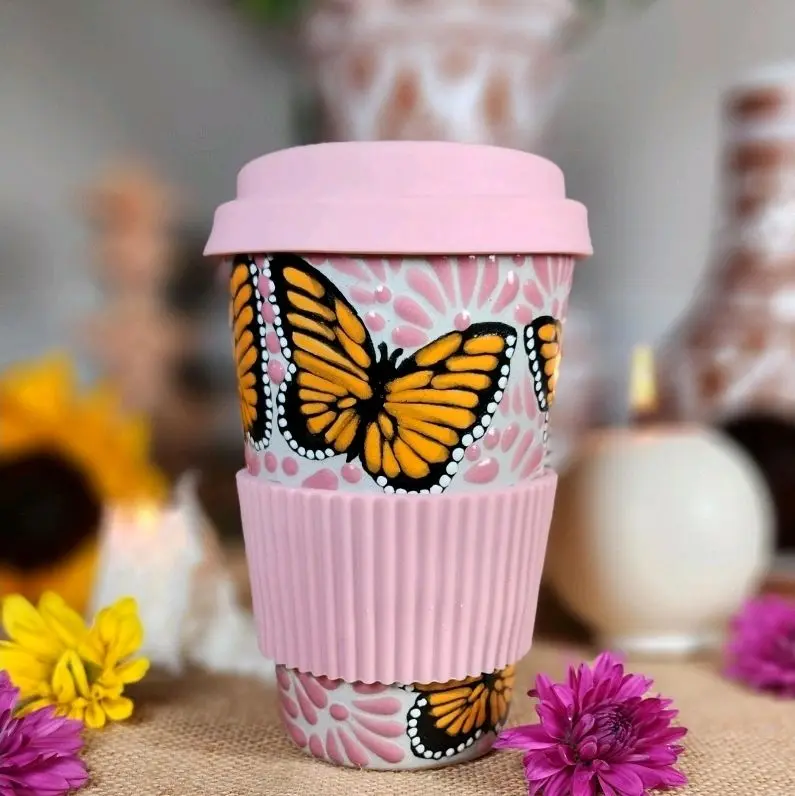 talavera Butterfly tumbler travel mug handmade handpainted birthday gifts for her Ceramic Coffee Cup Washable home kitchen decor floral design Drinkware Lid