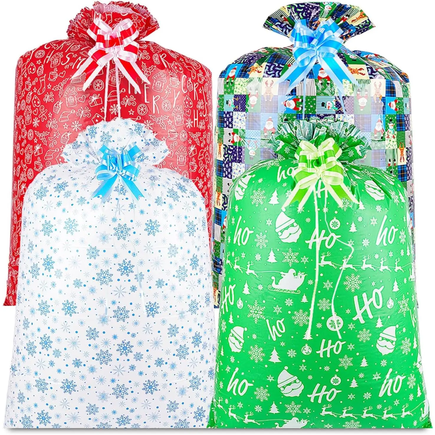 4 Extra Large Christmas Bags, Jumbo 60" x 36" Oversized Plastic Gift Bags with Pull Bows and Tags for Giant Xmas Holiday Gifts
