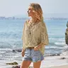 Fisoew Women's Beige Bohemian Crochet V-Neck Blouse - Lightweight, Breathable See-Through Mesh Knit, Off-Shoulder Sexy Cool All-Day Wear, Machine Washable Clothes for Women, Ideal for Spring Summer