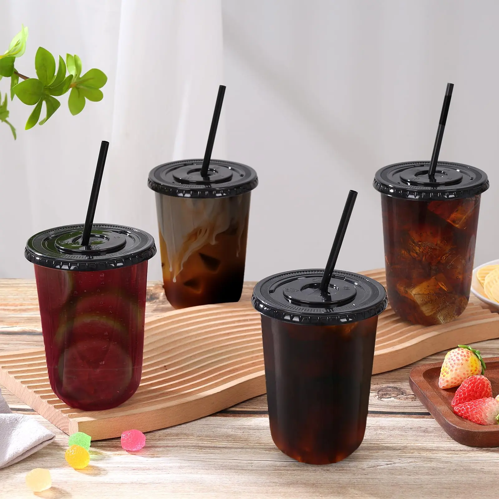 50Set 16oz Plastic Cups with Lids and Straws, Disposable Black Clear Iced  Coffee Cup with Lid,